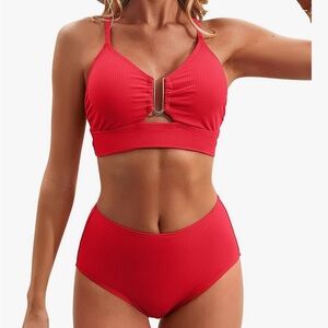 NWT Charmo Light Red Ribbed 2 Piece Swim Set M